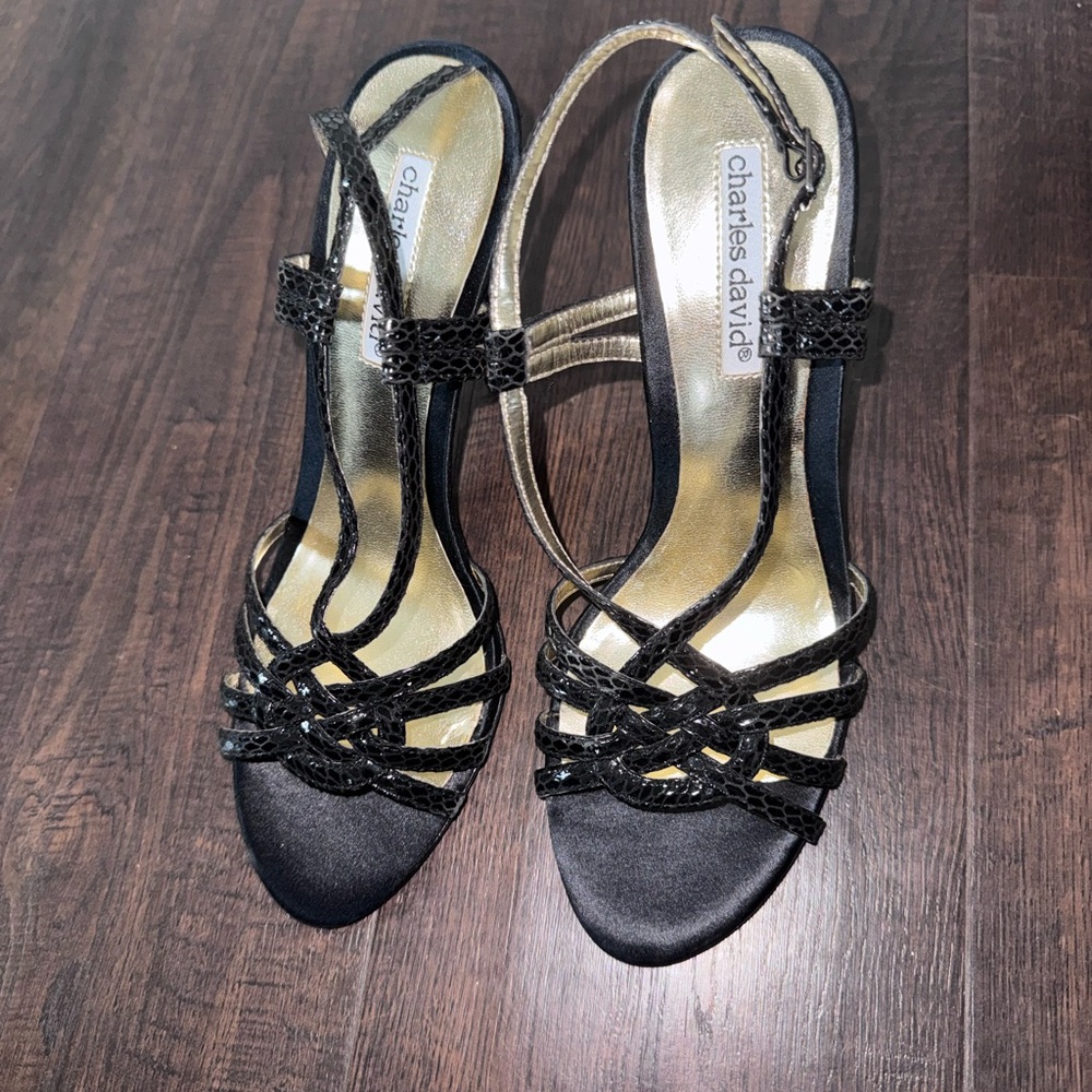 Charles David Black and Gold Braided Slingback Heels